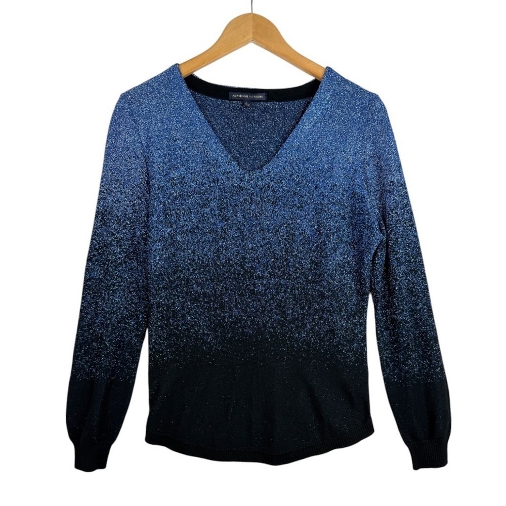 ADRIENNE VITTADINI Womens Metallic Ombre knit V Neck Sweater Size Large Blue